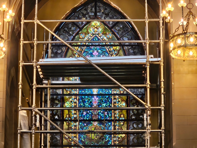 1893 Tiffany Jeweled window during reinstallation at Second Presbyterian Church